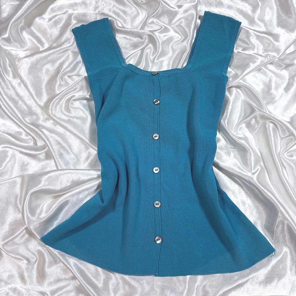 y2k Knit Tank Top Teal Blue Good Button Front Square Neck Ribbed J.A.C. Medium